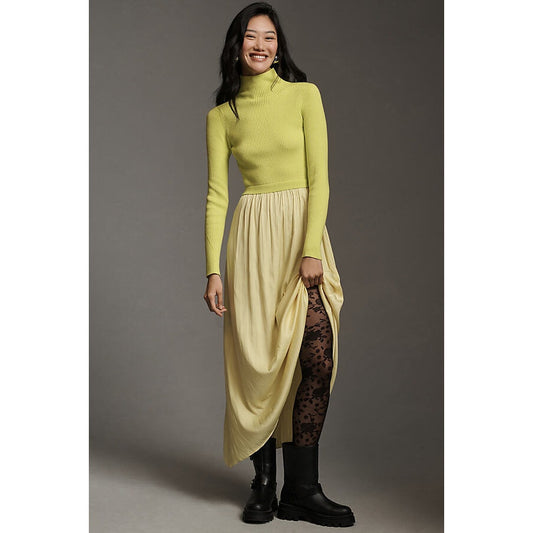 by Anthropologie Yellow The Thea Long-Sleeve Twofer Maxi Dress Womens Large
