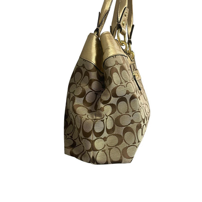 Coach Signature Logo Print Beige Brown Penelope Satchel with Gold Leather Trim