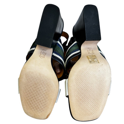 Tory Burch Navy Green White Jessa Slingback Block Heel Sandals Womens 8.5