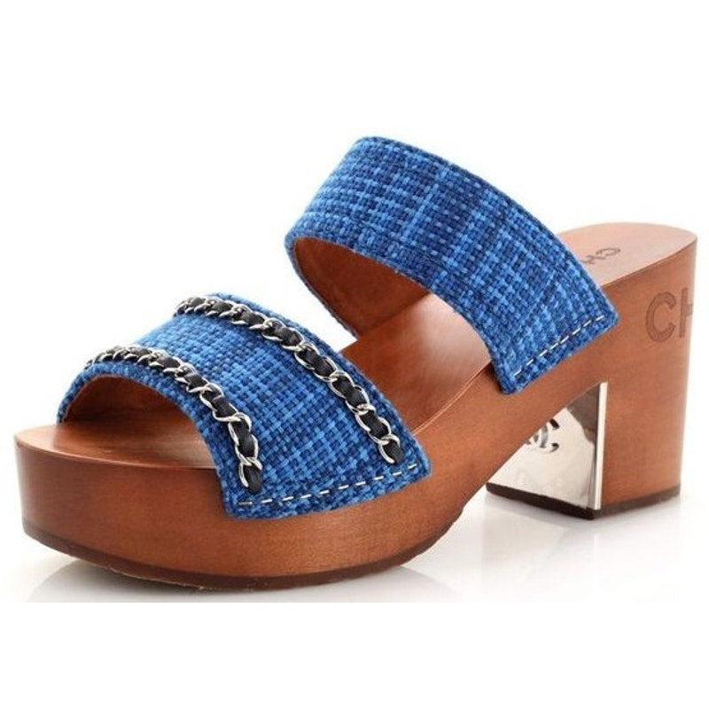 Chanel Chain Platform Slide Sandals Tweed Wood Heel Blue Brown Womens 40 / US 9