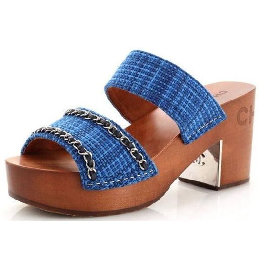 Chanel Chain Platform Slide Sandals Tweed Wood Heel Blue Brown Womens 40 / US 9