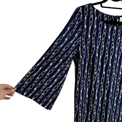 Julie Brown Navy White 3/4 Sleeve Merrie Printed Shift Dress Womens Large