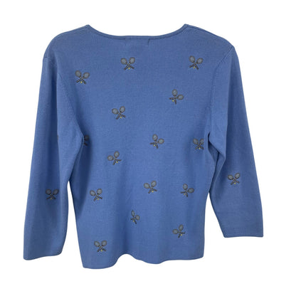 Vintage Carole Little Tennis Theme Embroidered Blue Sweater Petite Large AS IS