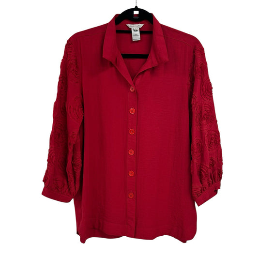 John Mark Solid Red Pop Up Floral Detail Sleeve Button Front Top Womens Small