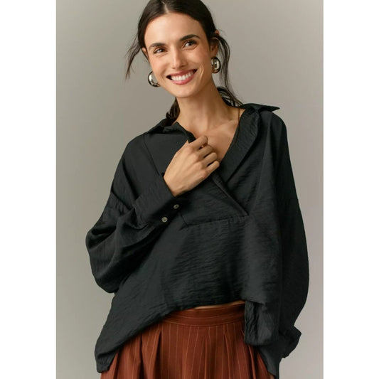 Anthropologie Black The Dylon Long-Sleeve Wide-Placket Collared Top Womens XXS