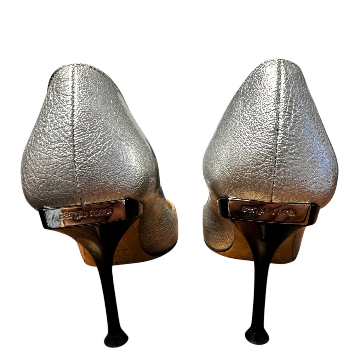 Sergio Rossi Silver Metallic Patent Leather Pointed Toe Pumps Womens 6