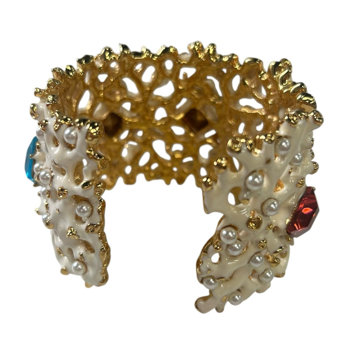 KJL by Kenneth Jay Lane Coral Enamel Pearl & Gem Embellished Cuff Bracelet