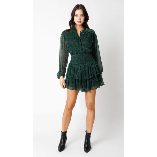 NWT Olivaceous Green Balloon Sleeve Button Up Layered Mini Dress Womens Large