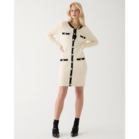 J. Crew Cream Black Textured Long Sleeve Mini Sweater Dress Womens Medium