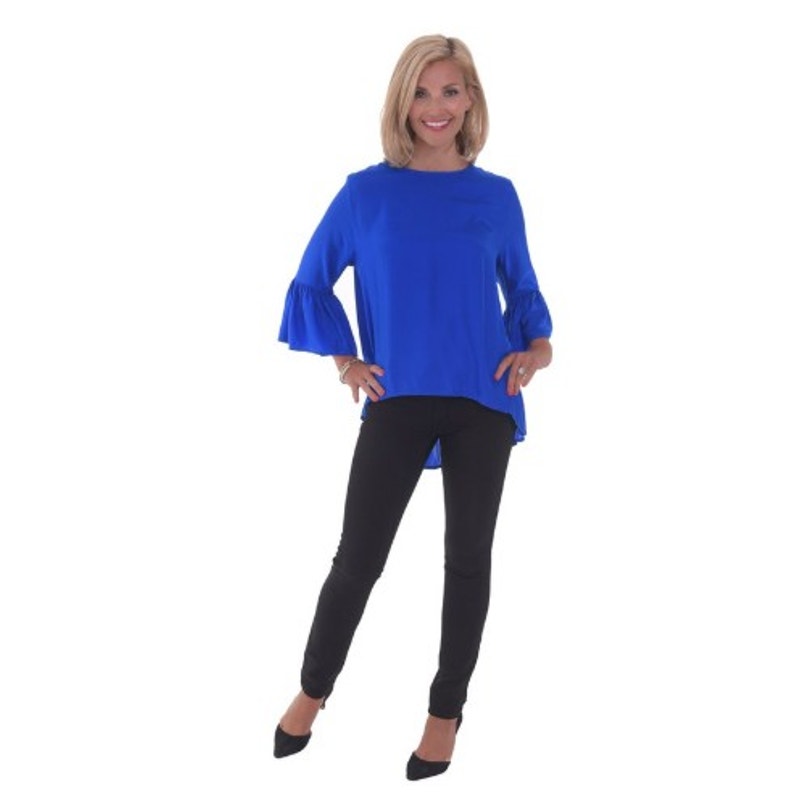 La Roque Blue 3/4 Ruffle Sleeve Round Neck Hi Low Ivy Silk Top Womens Large