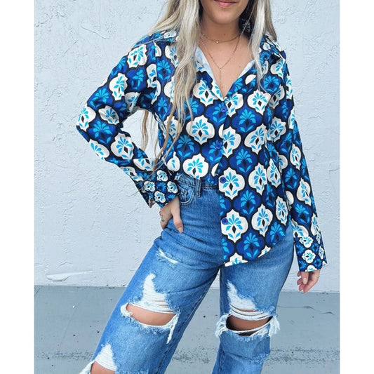Zara Blue Cream Retro Print Long Sleeve Button Front Top Womens Medium