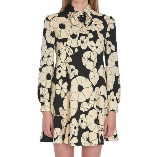 NWT Celine Cream Black Floral Skater Mini Dress in Wool Organza Womens 36 / US 4