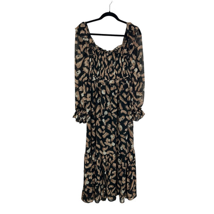 NWT Moon River Black Tan Printed Smocked Square-Neck Dress Womens Size Medium
