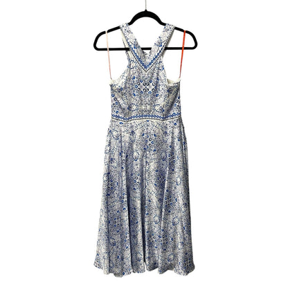 Monique Lhuillier Blue White Floral Print Melete Crossover Midi Dress Womens 8