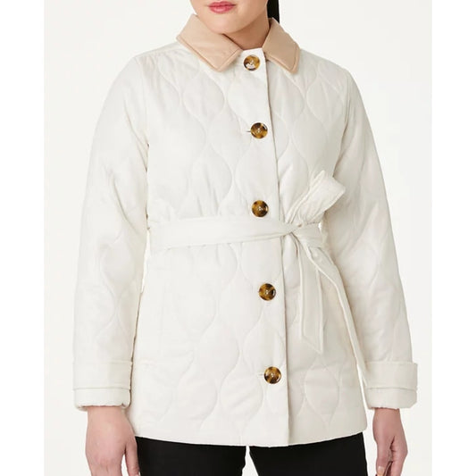 Kate Spade White Belted Button Up Combination Onion Quilted Coat Womens Small