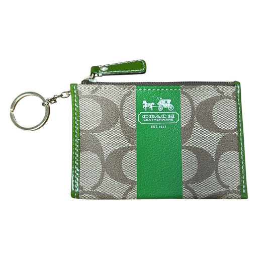 Coach Green Leather Tan Signature Monogram Top Zip Keychain Coin Purse