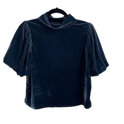 Free People Blue Claudia Velvet Mock Neck Puff Sleeve Top Womens Medium