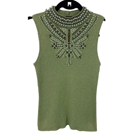 Vintage Christine Phillipe Metallic Knit Beaded Mock Neck Tank Top Green Small