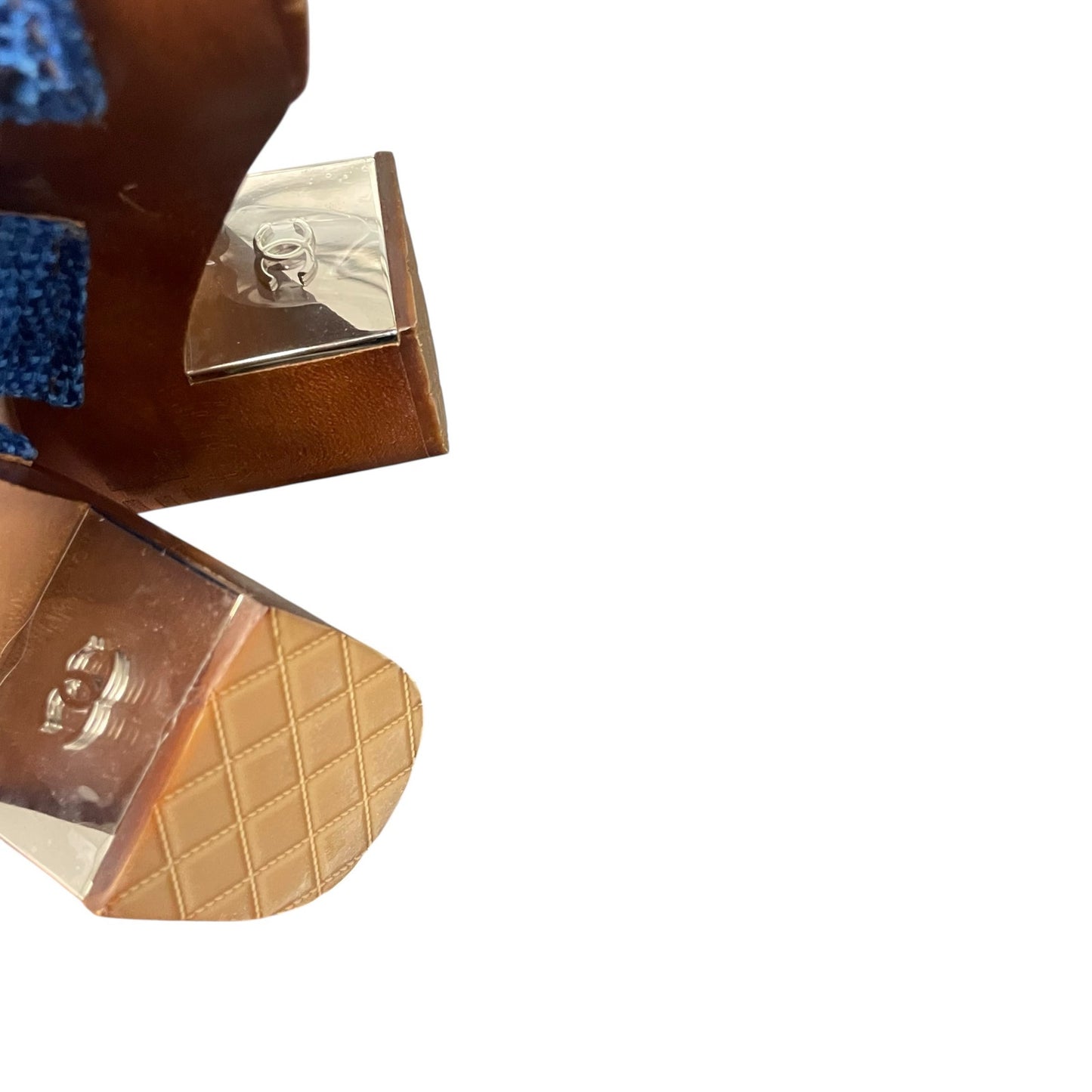 Chanel Chain Platform Slide Sandals Tweed Wood Heel Blue Brown Womens 40 / US 9