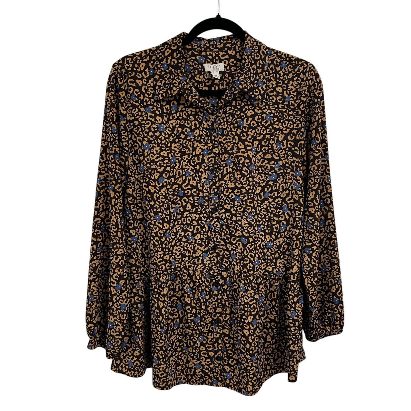 Logo Lori Goldstein Brown Blue Floral Animal Print Tiered Button Up Top XS