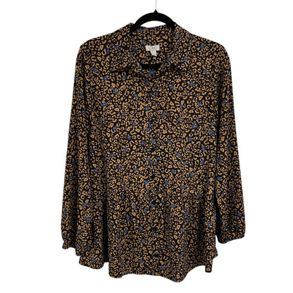 Logo Lori Goldstein Brown Blue Floral Animal Print Tiered Button Up Top XS
