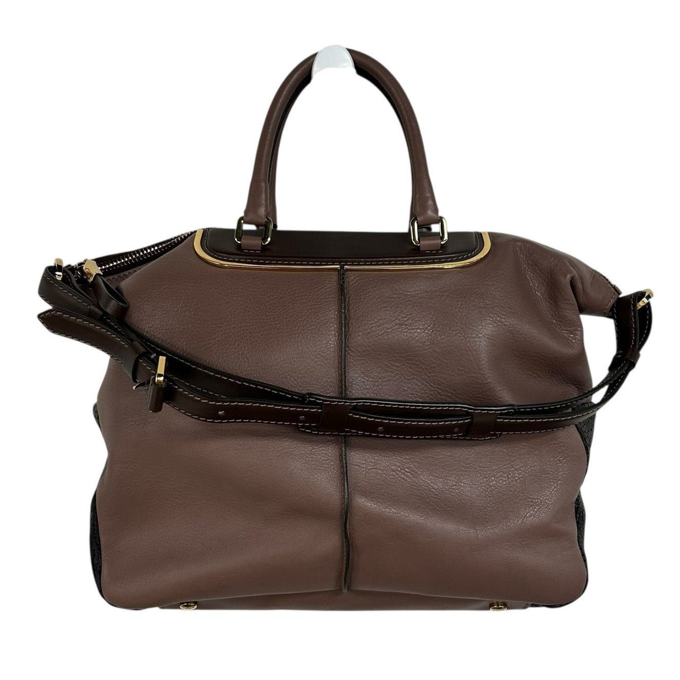 Tod’s Brown Classic Metal Bauletto Medio Leather Double Handle Satchel Handbag