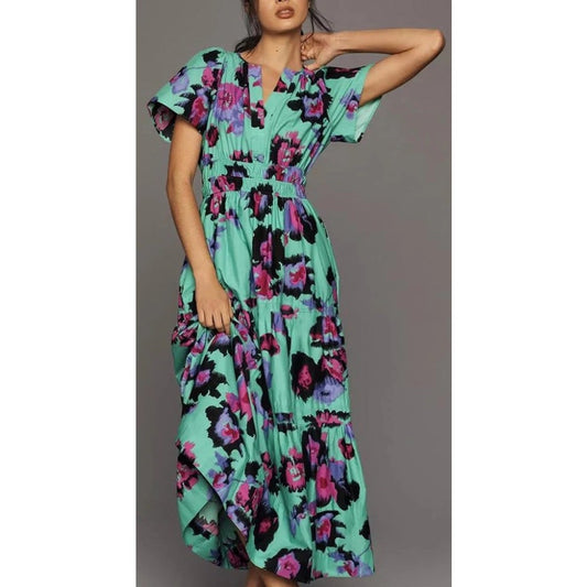 By Anthropologie Short Sleeve V Neck Somerset Maxi Dress Green Floral Print XS