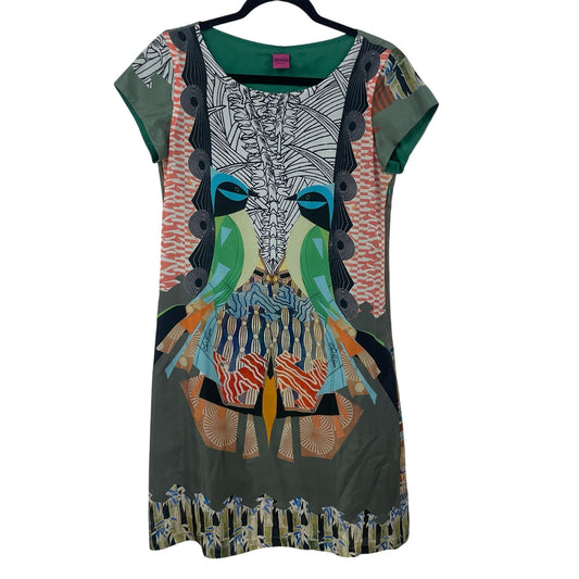Save The Queen Silk Symmetrical Bird Abstract Print Shift Dress Multicolor Small
