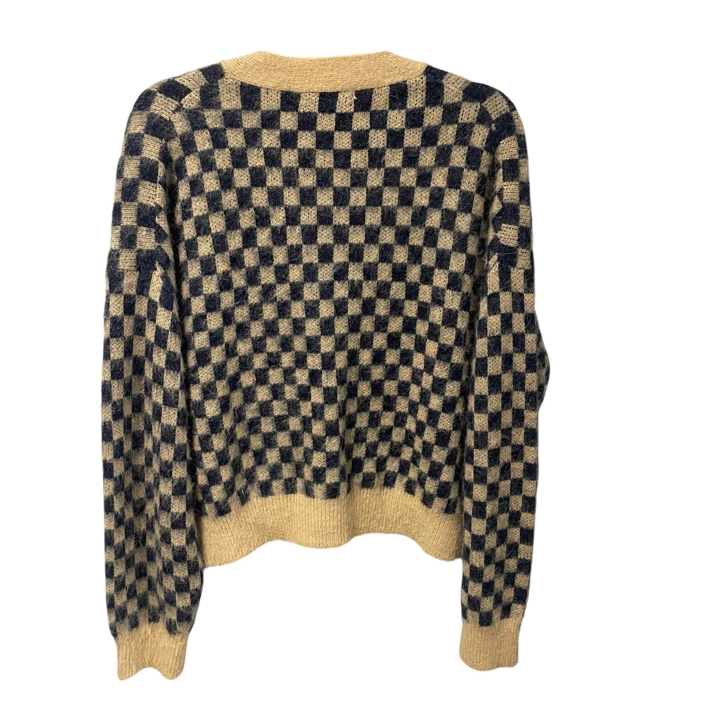 J. Crew Navy Tan Checkered Print V Neck Button Up Cardigan Sweater Womens Large