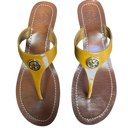 Tory Burch Yellow Brown Cameron Patent Leather Logo Thong Sandal Womens 8