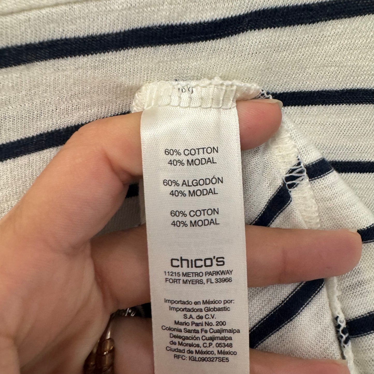 NWT Chico's White Navy Stripe 3/4 Sleeve Bateau Neck Cotton Top Womens 16