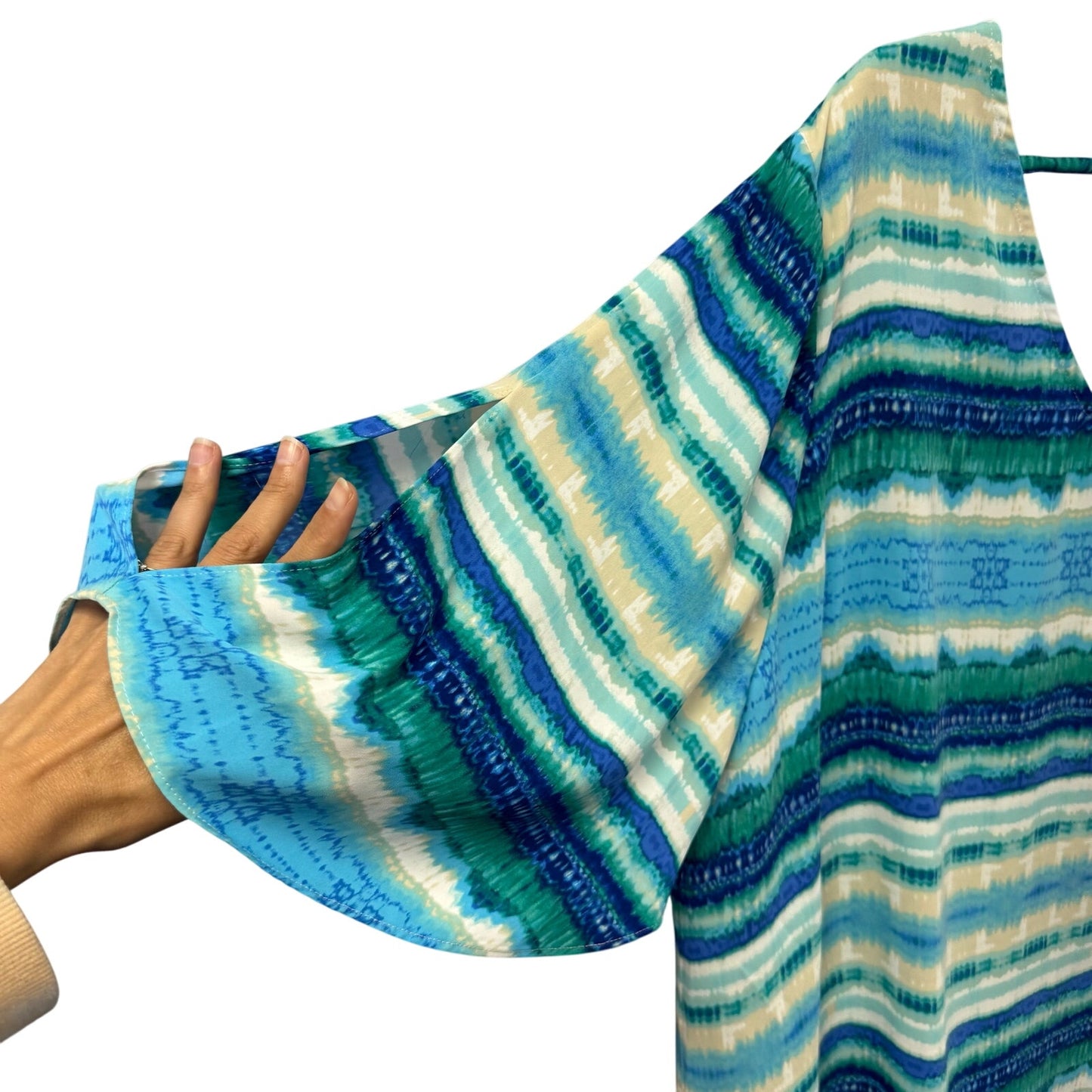 Chico's Blue Multi Stripe Print Flowy Cut Out Sleeve V Neck Top Womens 20