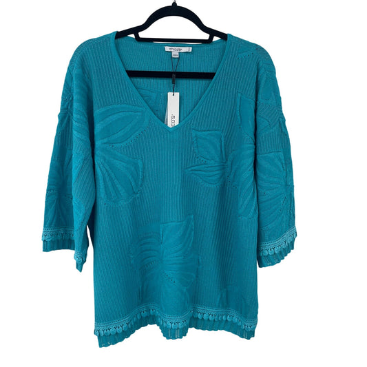 NWT Chico’s Palm Leaf Embroidered Pullover Sweater Ocean Blue Womens Large