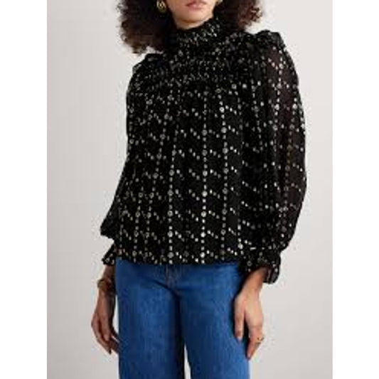 NWT Ulla Johnson Black Gold Cosmo Print Long Sleeve Mock Neck Mila Silk Blouse 2