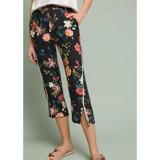 NWT Farm Rio Black Multicolor Floral Print Cropped Side Slit Pants Womens Small