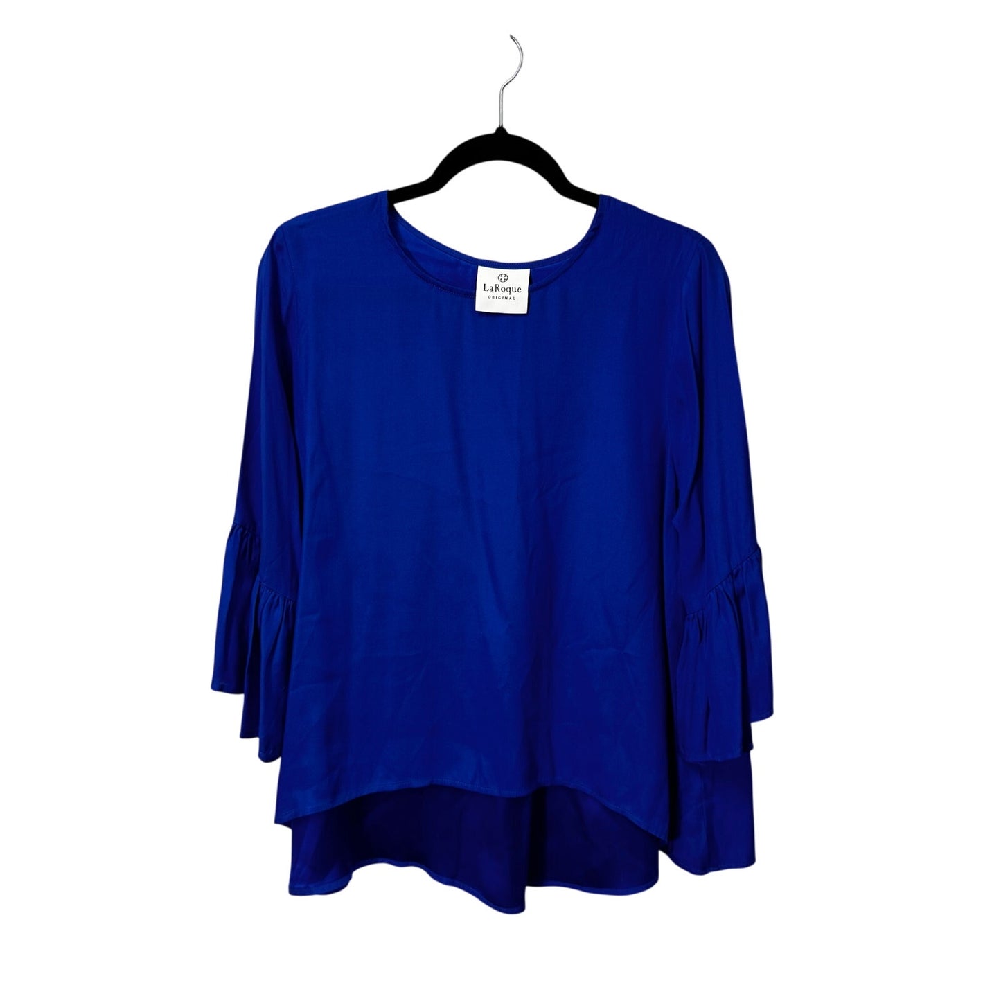 La Roque Blue 3/4 Ruffle Sleeve Round Neck Hi Low Ivy Silk Top Womens Large
