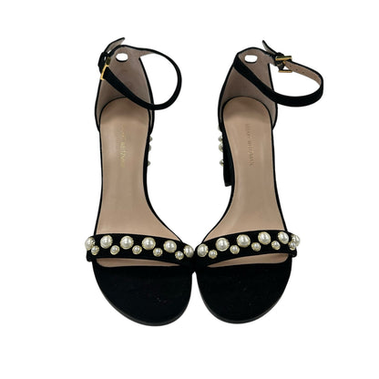 Stuart Weitzman Black Morepearls Studded Suede Ankle Strap Sandals Womens 7