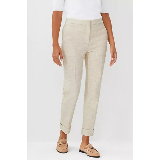 NWT Ann Taylor Beige Textured Mid Rise Slim Leg Cotton Ankle Pants Womens 8