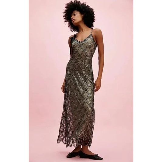 NWT LoveShackFancy Mackie Sequin Embellished Midi Dress In Black Womens 4