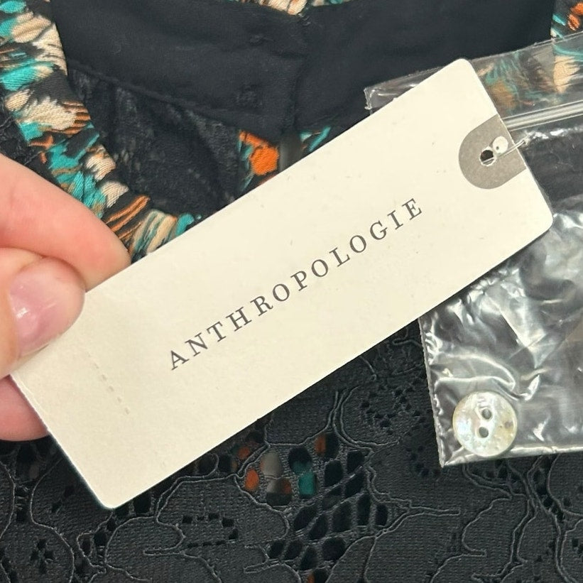 NWT Daniel Rainn Anthropologie Black Multi Bella Illusion Neck Top Womens XS