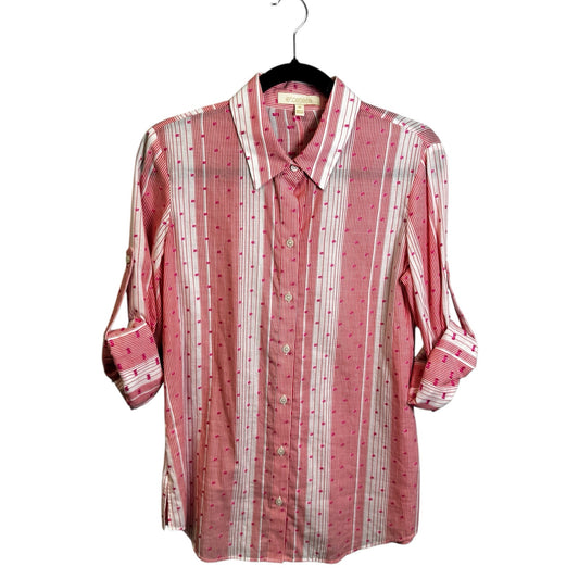 Etcetera Pink White Stripe Adjustable Sleeve Cotton Button Down Top Size Medium