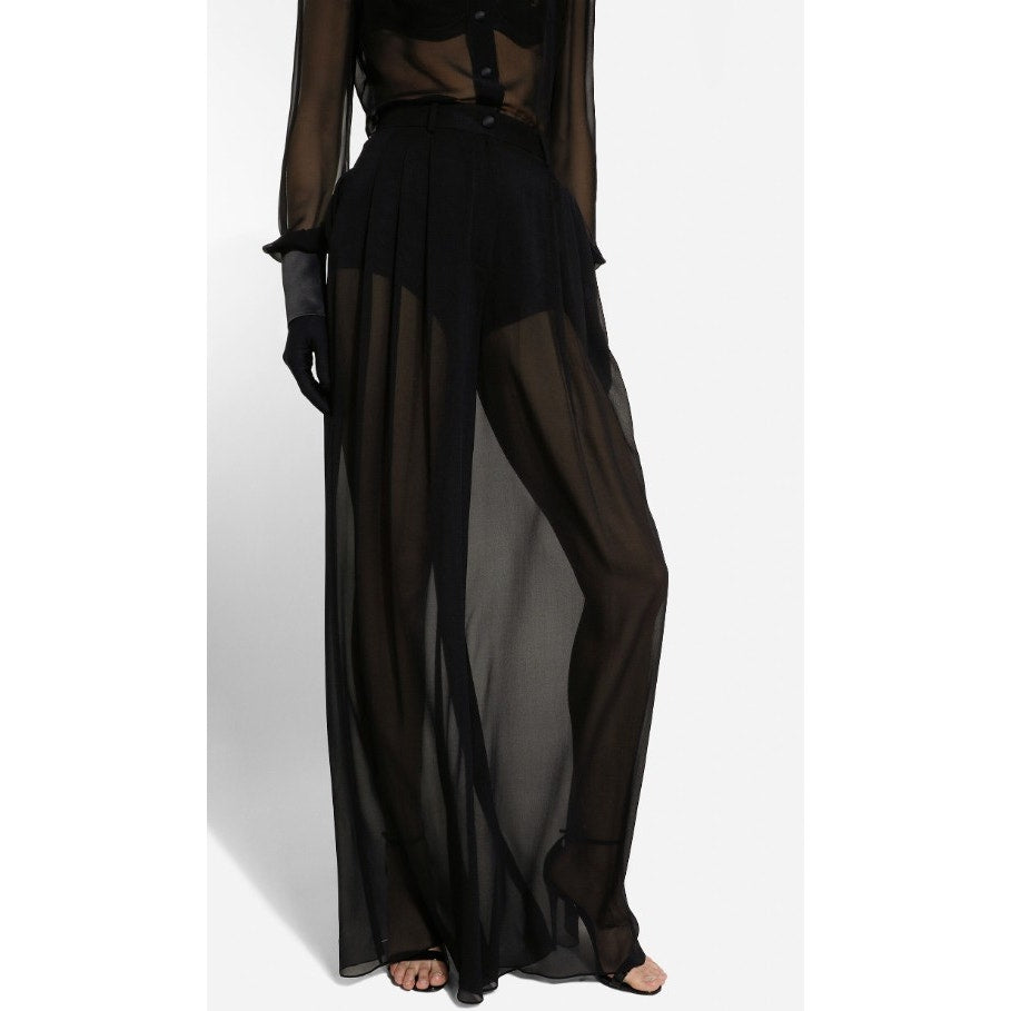 NWT Dolce & Gabbana Black High Rise Silk Chiffon Wide Leg Pants Womens 0