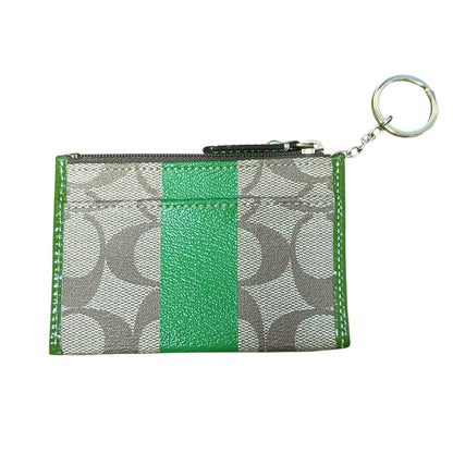 Coach Green Leather Tan Signature Monogram Top Zip Keychain Coin Purse