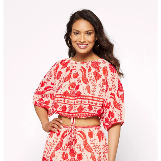 NWT Farm Rio Red White Jungle Flow Puff Sleeve Cotton Cropped Top Womens Small