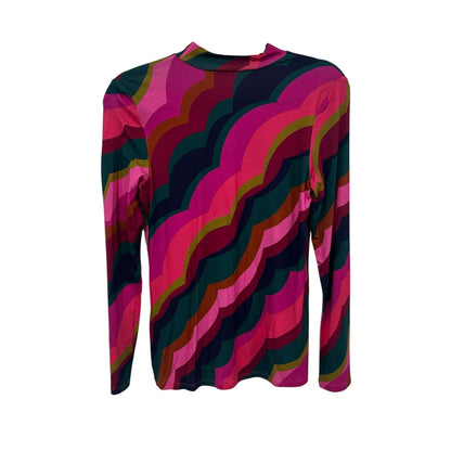 NWT Trina Turk Multi Scallop Print Long Sleeve Mock Neck Pierce Top Womens Small