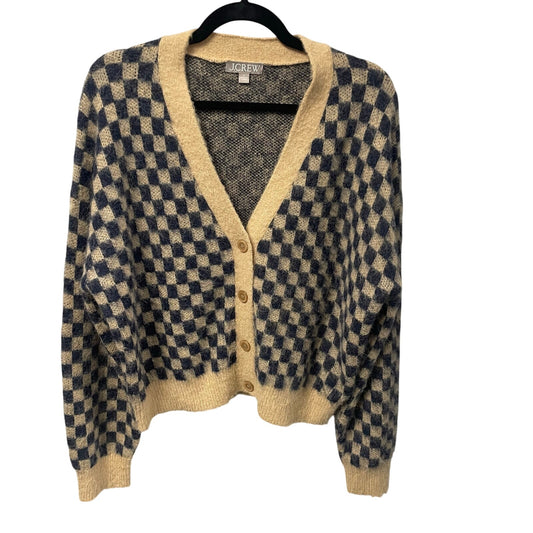 J. Crew Navy Tan Checkered Print V Neck Button Up Cardigan Sweater Womens Large
