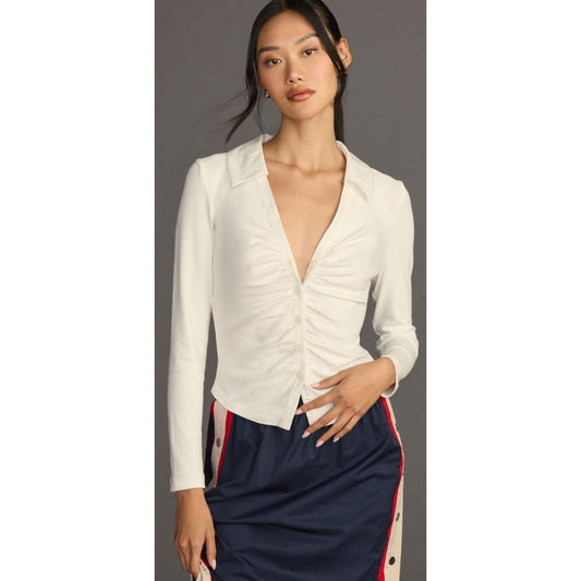 Anthropologie Maeve Ruched V Neck Button Up Collared Shirt White Womens Size XL
