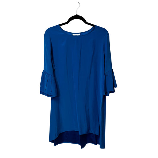 La Roque Blue 3/4 Ruffle Sleeve Round Neck Hi Low Silk Mini Dress Womens Large
