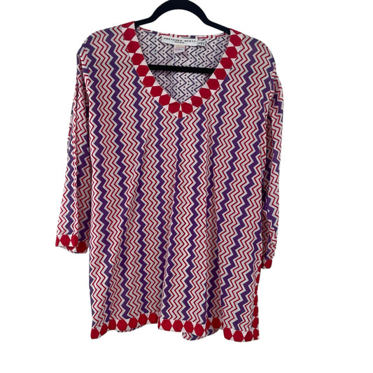 Gretchen Scott V Neck 3/4 Sleeve 100% Cotton Red Purple Geo Print Top Large