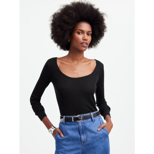 NWT Madewell True Black Merino Wool-Silk Blend Scoopneck Sweater Womens Large